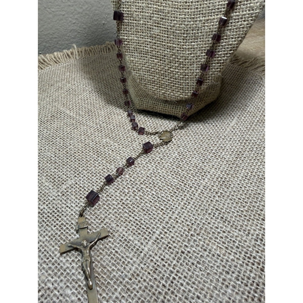 FRENCH ROSARY With Glass Amethyst Purple Cube Beads 1870-1900  Signed K LEMME